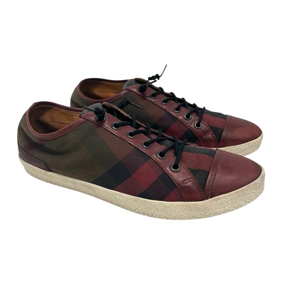 Burberry Shoes - Burberry Harowby Maroon Black Olive Nova Check Low Top Sneakers Leather Trim 38